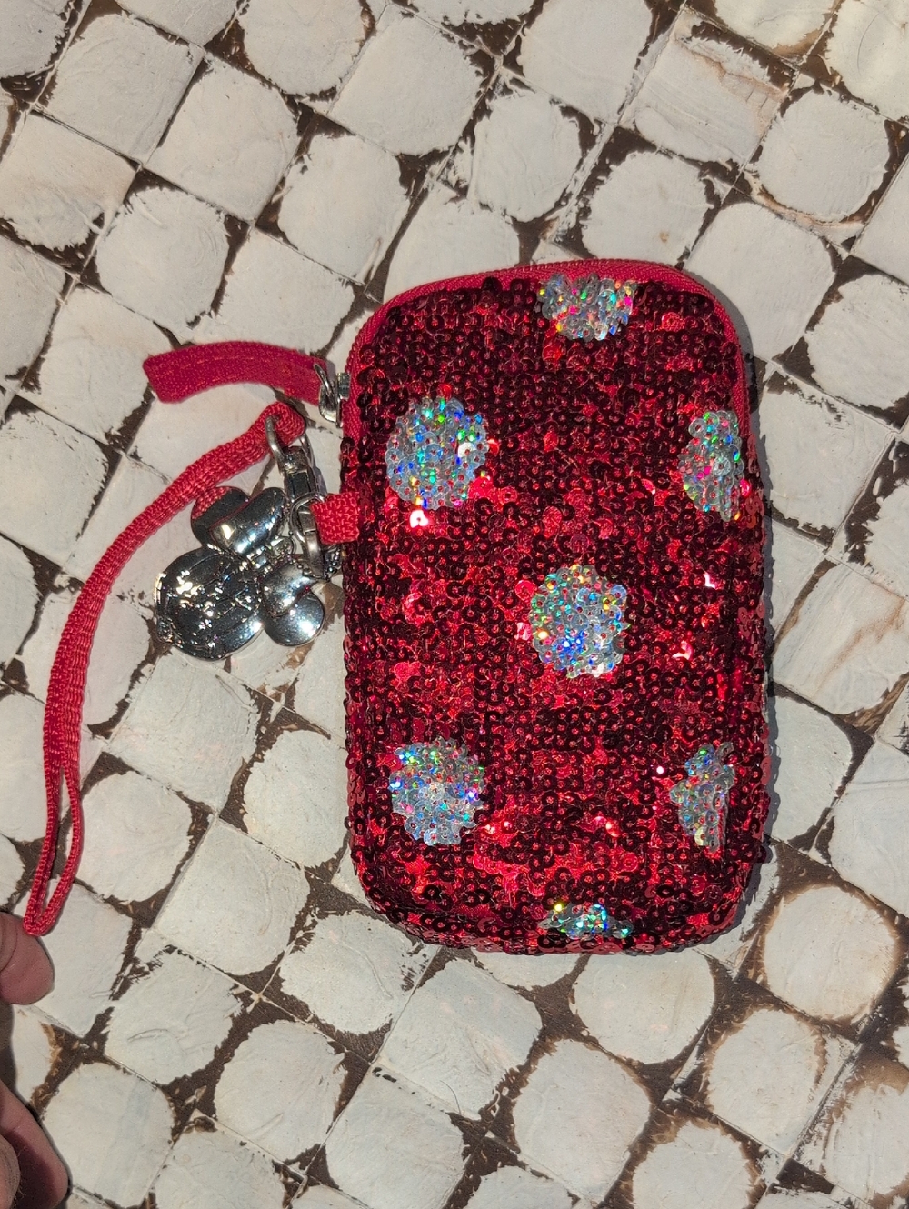 Disney Parks Red And Silver Sequin  Pouch with Wrist Strap & Minnie Mouse Charm